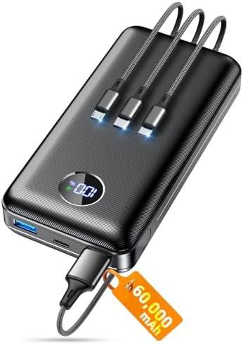 Cargador Portátil Banco de Energía, Paquete de Batería de 60000mAh con Cable USB-C/iOS/Micro-USB 3 en 1, Carga Rápida de 22.5W Cargador de Teléfono Portátil, Banco de Energía Esencial para Viajes y