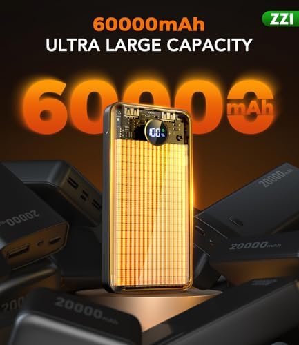 Cargador Portátil Banco de Energía, Paquete de Batería de 60000mAh con Cable USB-C/iOS/Micro-USB 3 en 1, Carga Rápida de 22.5W Cargador de Teléfono Portátil, Banco de Energía Esencial para Viajes y