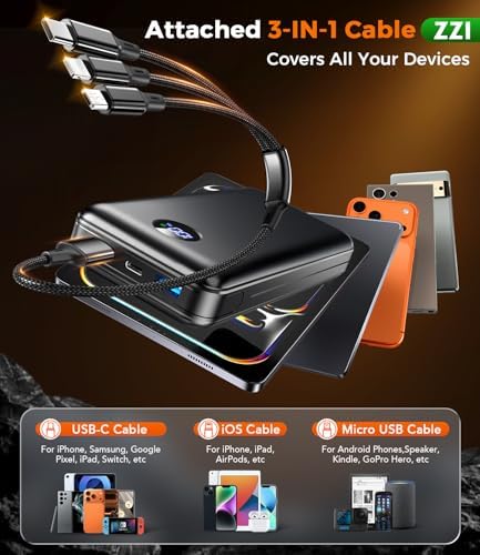 Cargador Portátil Banco de Energía, Paquete de Batería de 60000mAh con Cable USB-C/iOS/Micro-USB 3 en 1, Carga Rápida de 22.5W Cargador de Teléfono Portátil, Banco de Energía Esencial para Viajes y