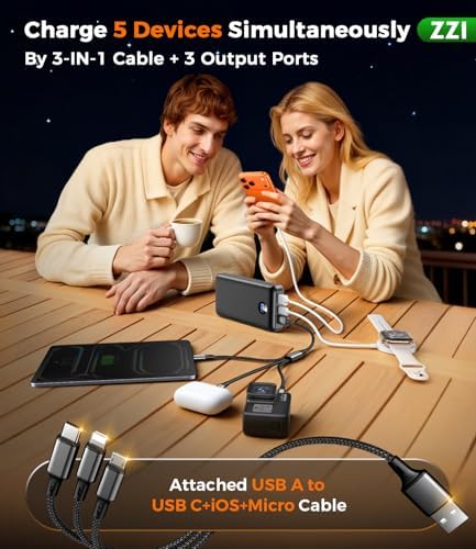 Cargador Portátil Banco de Energía, Paquete de Batería de 60000mAh con Cable USB-C/iOS/Micro-USB 3 en 1, Carga Rápida de 22.5W Cargador de Teléfono Portátil, Banco de Energía Esencial para Viajes y