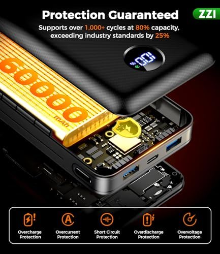 Cargador Portátil Banco de Energía, Paquete de Batería de 60000mAh con Cable USB-C/iOS/Micro-USB 3 en 1, Carga Rápida de 22.5W Cargador de Teléfono Portátil, Banco de Energía Esencial para Viajes y