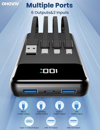 Cargador portátil, banco de energía de 50000 mAh con cables incorporados, paquete de batería de carga rápida de 22.5W, cargador de teléfono portátil para viajes y camping esencial, PowerBank