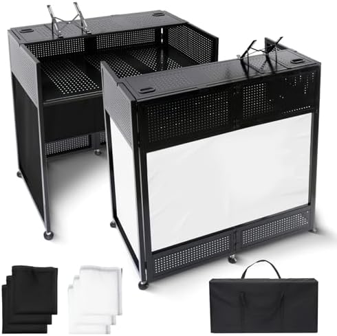 Portable DJ Booth Table  41L x 20W DJ Table Stand Portable Booth Double Deck  Adjustable DJ Facade Station with White & Black Scrim  Foldable Metal Frame DJ Booth Panel for Parties  Wedding  Bars