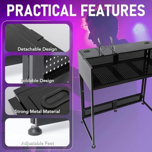 Portable DJ Booth Table  41L x 20W DJ Table Stand Portable Booth Double Deck  Adjustable DJ Facade Station with White & Black Scrim  Foldable Metal Frame DJ Booth Panel for Parties  Wedding  Bars