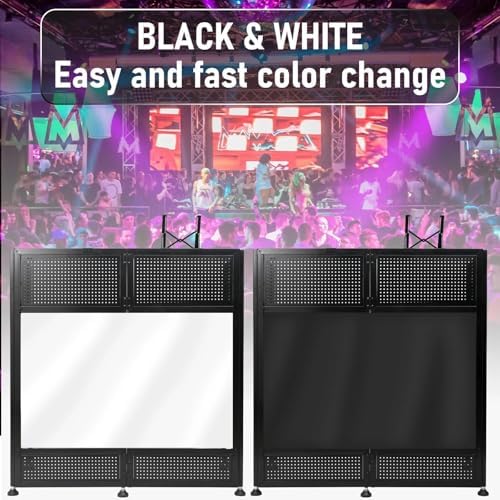 Portable DJ Booth Table  41L x 20W DJ Table Stand Portable Booth Double Deck  Adjustable DJ Facade Station with White & Black Scrim  Foldable Metal Frame DJ Booth Panel for Parties  Wedding  Bars