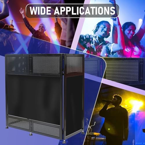 Portable DJ Booth Table  41L x 20W DJ Table Stand Portable Booth Double Deck  Adjustable DJ Facade Station with White & Black Scrim  Foldable Metal Frame DJ Booth Panel for Parties  Wedding  Bars