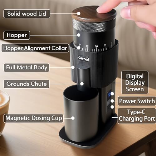 Portable Electric Burr Coffee Grinder Wirsh Geimori T38 with 3600mAh Battery& Stepless Adjustment for Espresso Pour Over French Press  Single Dose  Fast USB C Charging  Travel & Home Use