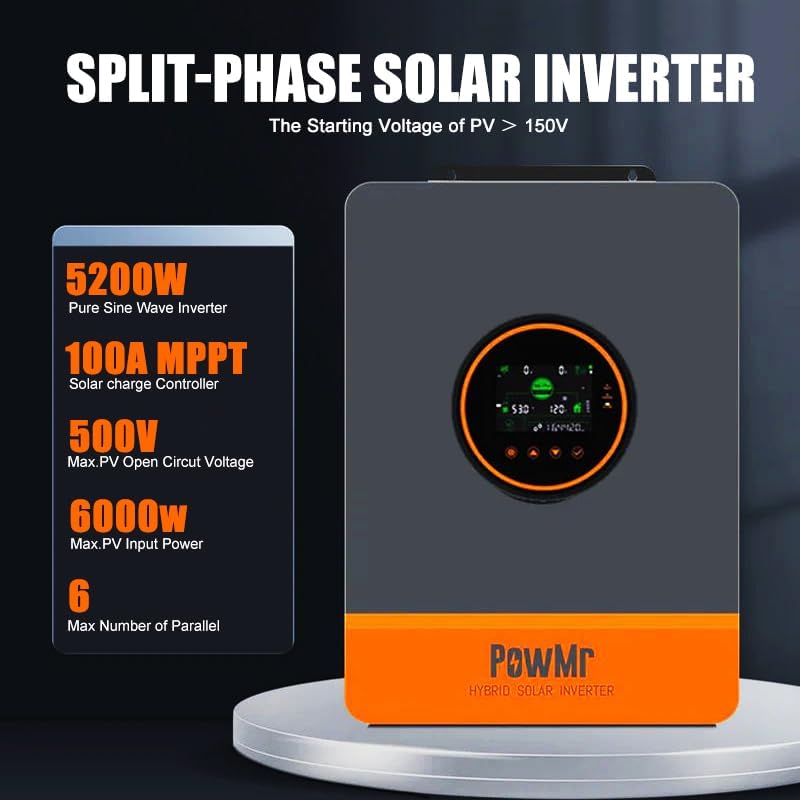 PowMr Solar Inverter 5000W 48Vdc to 110Vac  5200W Split Phase Solar Inverter Built in 100A MPPT Controller   Max PV Input 6KW 500VOC   Support 6 Units Parallel and Batteryless Run
