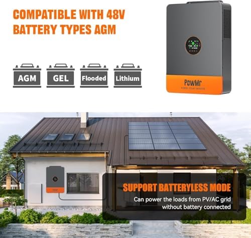 PowMr Solar Inverter 5000W 48Vdc to 110Vac  5200W Split Phase Solar Inverter Built in 100A MPPT Controller   Max PV Input 6KW 500VOC   Support 6 Units Parallel and Batteryless Run