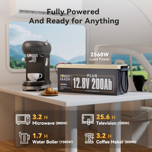 Power Queen 12V 200Ah PLUS LiFePO4 Battery  Built in 200A BMS  2560Wh Lithium Battery Up To 15000 Cycles  Deep Cycle Battery for Off Grid and Home Solar System  Marine  Trailer RV