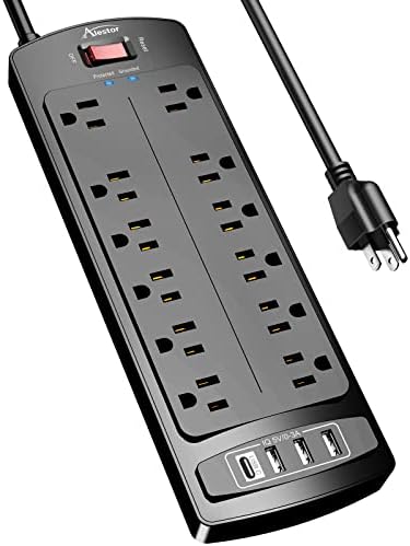 Power Strip  ALESTOR Surge Protector with 12 Outlets and 4 USB Ports  6 Feet Extension Cord  1875W/15A   2700 Joules  ETL Listed  Black