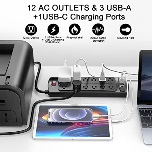 Power Strip  ALESTOR Surge Protector with 12 Outlets and 4 USB Ports  6 Feet Extension Cord  1875W/15A   2700 Joules  ETL Listed  Black