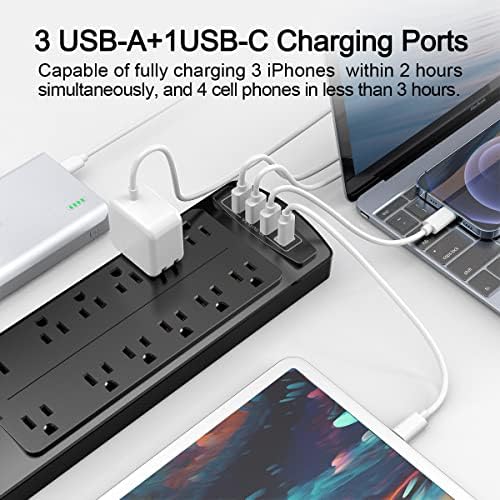 Power Strip  ALESTOR Surge Protector with 12 Outlets and 4 USB Ports  6 Feet Extension Cord  1875W/15A   2700 Joules  ETL Listed  Black