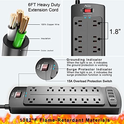 Power Strip  ALESTOR Surge Protector with 12 Outlets and 4 USB Ports  6 Feet Extension Cord  1875W/15A   2700 Joules  ETL Listed  Black
