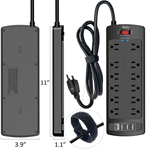 Power Strip  ALESTOR Surge Protector with 12 Outlets and 4 USB Ports  6 Feet Extension Cord  1875W/15A   2700 Joules  ETL Listed  Black