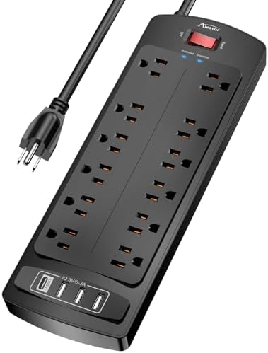 Power Strip  ALESTOR Surge Protector with 12 Outlets and 4 USB Ports  6 Feet Extension Cord  1875W/15A   2700 Joules  ETL Listed  Black
