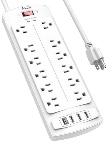 Power Strip  ALESTOR Surge Protector with 12 Outlets and 4 USB Ports  6 Feet Extension Cord  1875W/15A   2700 Joules  ETL Listed  Black