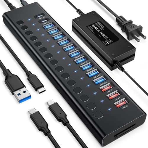 Powered USB Hub 10Gbps  17 Ports 96W USB 3 2 Hub 10 USB A 3 2 Ports 3 QC 24W Fast Charging Ports 2 USB C 3 2 Ports SD/TF Card Reader   12V/8A Power Adapter for Laptop  PC  Computer  HDD Flash Drive