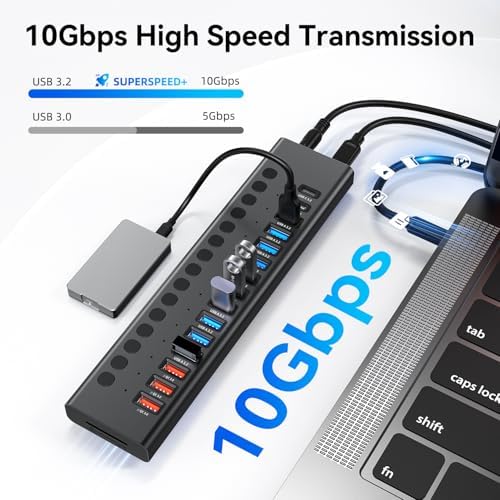 Powered USB Hub 10Gbps  17 Ports 96W USB 3 2 Hub 10 USB A 3 2 Ports 3 QC 24W Fast Charging Ports 2 USB C 3 2 Ports SD/TF Card Reader   12V/8A Power Adapter for Laptop  PC  Computer  HDD Flash Drive