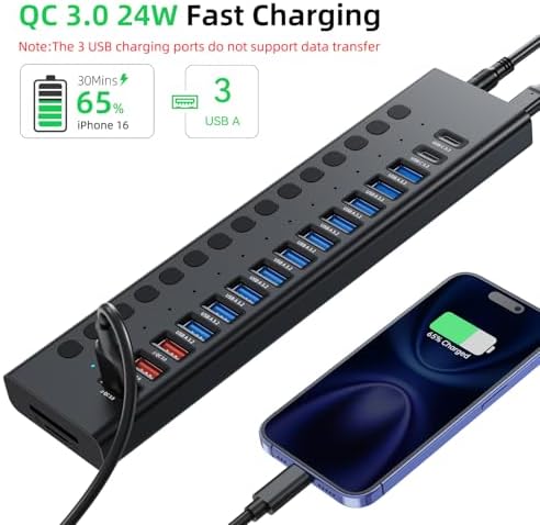 Powered USB Hub 10Gbps  17 Ports 96W USB 3 2 Hub 10 USB A 3 2 Ports 3 QC 24W Fast Charging Ports 2 USB C 3 2 Ports SD/TF Card Reader   12V/8A Power Adapter for Laptop  PC  Computer  HDD Flash Drive