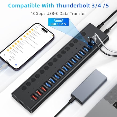 Powered USB Hub 10Gbps  17 Ports 96W USB 3 2 Hub 10 USB A 3 2 Ports 3 QC 24W Fast Charging Ports 2 USB C 3 2 Ports SD/TF Card Reader   12V/8A Power Adapter for Laptop  PC  Computer  HDD Flash Drive