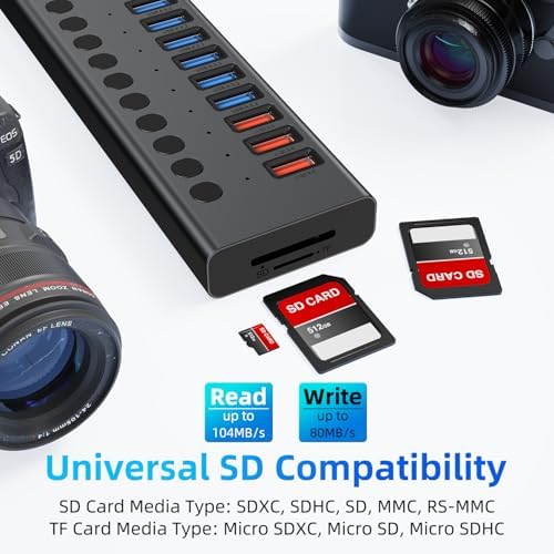 Powered USB Hub 10Gbps  17 Ports 96W USB 3 2 Hub 10 USB A 3 2 Ports 3 QC 24W Fast Charging Ports 2 USB C 3 2 Ports SD/TF Card Reader   12V/8A Power Adapter for Laptop  PC  Computer  HDD Flash Drive