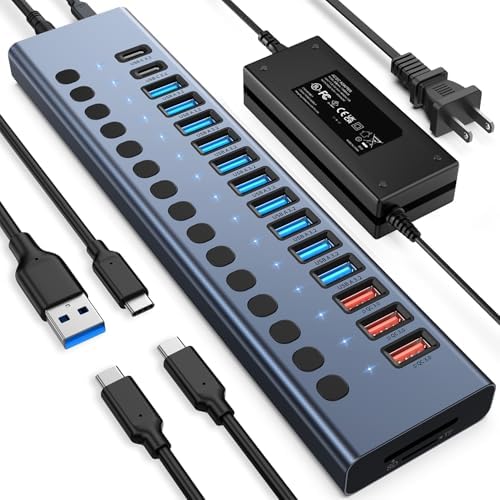 Powered USB Hub 10Gbps  17 Ports 96W USB 3 2 Hub 10 USB A 3 2 Ports 3 QC 24W Fast Charging Ports 2 USB C 3 2 Ports SD/TF Card Reader   12V/8A Power Adapter for Laptop  PC  Computer  HDD Flash Drive