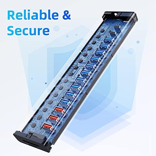 Powered USB Hub 10Gbps  17 Ports 96W USB 3 2 Hub 10 USB A 3 2 Ports 3 QC 24W Fast Charging Ports 2 USB C 3 2 Ports SD/TF Card Reader   12V/8A Power Adapter for Laptop  PC  Computer  HDD Flash Drive