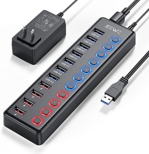 Powered USB Hub  JESWO 11 Port USB 3 0 Hub  7 Data Transfer Ports   4 Smart Charging Ports  with Individual LED On/Off Switches  USB Hub Powered with 12V/3A Power Adapter for Mac  PC