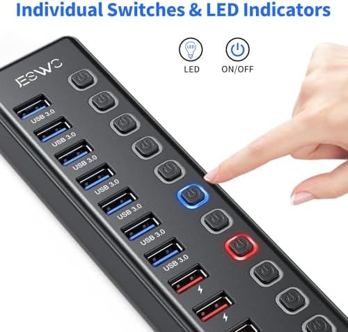 Powered USB Hub  JESWO 11 Port USB 3 0 Hub  7 Data Transfer Ports   4 Smart Charging Ports  with Individual LED On/Off Switches  USB Hub Powered with 12V/3A Power Adapter for Mac  PC
