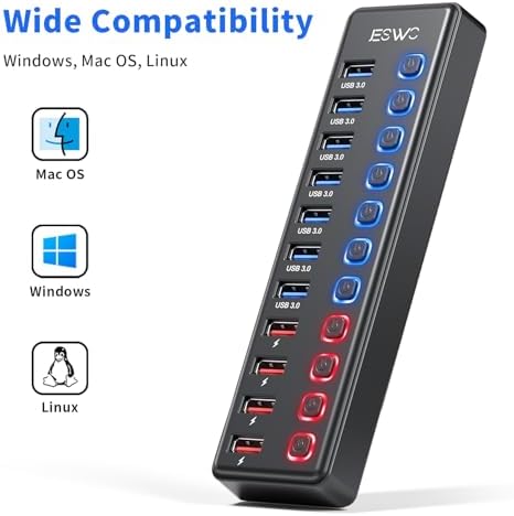 Powered USB Hub  JESWO 11 Port USB 3 0 Hub  7 Data Transfer Ports   4 Smart Charging Ports  with Individual LED On/Off Switches  USB Hub Powered with 12V/3A Power Adapter for Mac  PC