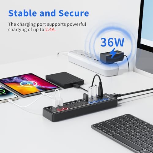 Powered USB Hub  JESWO 11 Port USB 3 0 Hub  7 Data Transfer Ports   4 Smart Charging Ports  with Individual LED On/Off Switches  USB Hub Powered with 12V/3A Power Adapter for Mac  PC