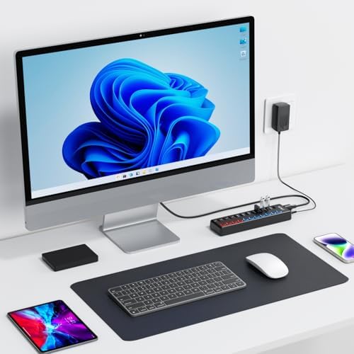 Powered USB Hub  JESWO 11 Port USB 3 0 Hub  7 Data Transfer Ports   4 Smart Charging Ports  with Individual LED On/Off Switches  USB Hub Powered with 12V/3A Power Adapter for Mac  PC