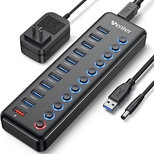 Powered USB Hub  Wenter 11 Port USB Splitter Hub  10 Faster Data Transfer Ports  1 Smart Charging Port  with Individual LED On/Off Switches  USB Hub 3 0 Powered with Power Adapter for Mac  PC