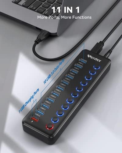 Powered USB Hub  Wenter 11 Port USB Splitter Hub  10 Faster Data Transfer Ports  1 Smart Charging Port  with Individual LED On/Off Switches  USB Hub 3 0 Powered with Power Adapter for Mac  PC
