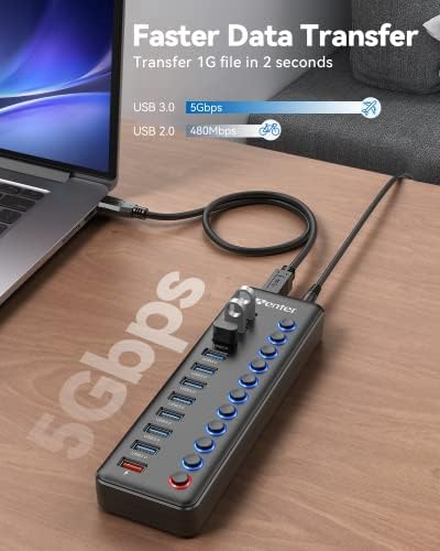 Powered USB Hub  Wenter 11 Port USB Splitter Hub  10 Faster Data Transfer Ports  1 Smart Charging Port  with Individual LED On/Off Switches  USB Hub 3 0 Powered with Power Adapter for Mac  PC