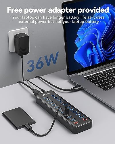 Powered USB Hub  Wenter 11 Port USB Splitter Hub  10 Faster Data Transfer Ports  1 Smart Charging Port  with Individual LED On/Off Switches  USB Hub 3 0 Powered with Power Adapter for Mac  PC