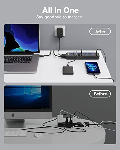 Powered USB Hub  Wenter 11 Port USB Splitter Hub  10 Faster Data Transfer Ports  1 Smart Charging Port  with Individual LED On/Off Switches  USB Hub 3 0 Powered with Power Adapter for Mac  PC