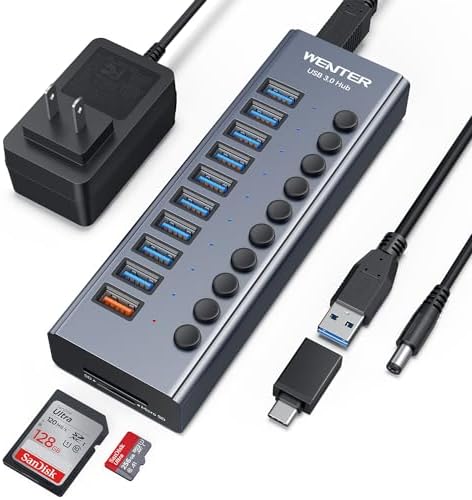 Powered USB Hub  Wenter 11 Port USB Splitter Hub  10 Faster Data Transfer Ports  1 Smart Charging Port  with Individual LED On/Off Switches  USB Hub 3 0 Powered with Power Adapter for Mac  PC