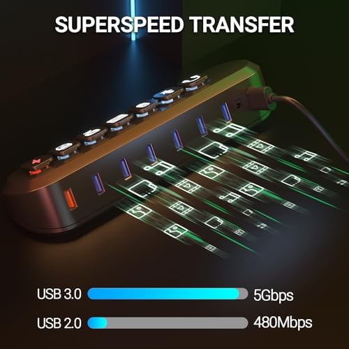 Powered USB Hub  atolla 7 Port USB 3 0 hub  6 Superspeed Transfer Ports  1 Fast Charging Port  with Swappable Illuminated Icon Switch and 12V/3A Power Adapter for Windows  MacOS  ChromeOS  Linux