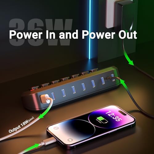 Powered USB Hub  atolla 7 Port USB 3 0 hub  6 Superspeed Transfer Ports  1 Fast Charging Port  with Swappable Illuminated Icon Switch and 12V/3A Power Adapter for Windows  MacOS  ChromeOS  Linux