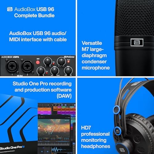 PreSonus AudioBox USB 96 Bundle   USB Audio Interface  XLR Interface for Guitar  Device for PC & Mac  Complete Recording Package with Studio One Pro  Music Production  Home Studio