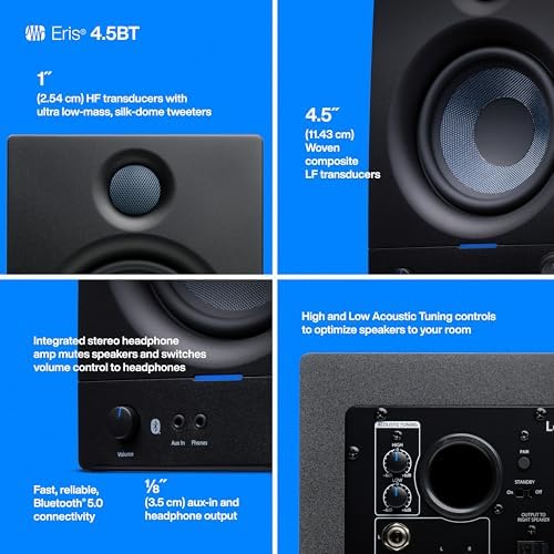 PreSonus Eris 4 5BT Bluetooth Studio Monitors  Pair   4 5 Inch Powered Bookshelf Speakers  Stereo  Desktop Computer  Near Field Music Production  Audio Mixing Recording