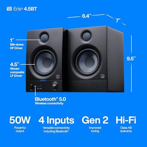PreSonus Eris 4 5BT Bluetooth Studio Monitors  Pair   4 5 Inch Powered Bookshelf Speakers  Stereo  Desktop Computer  Near Field Music Production  Audio Mixing Recording