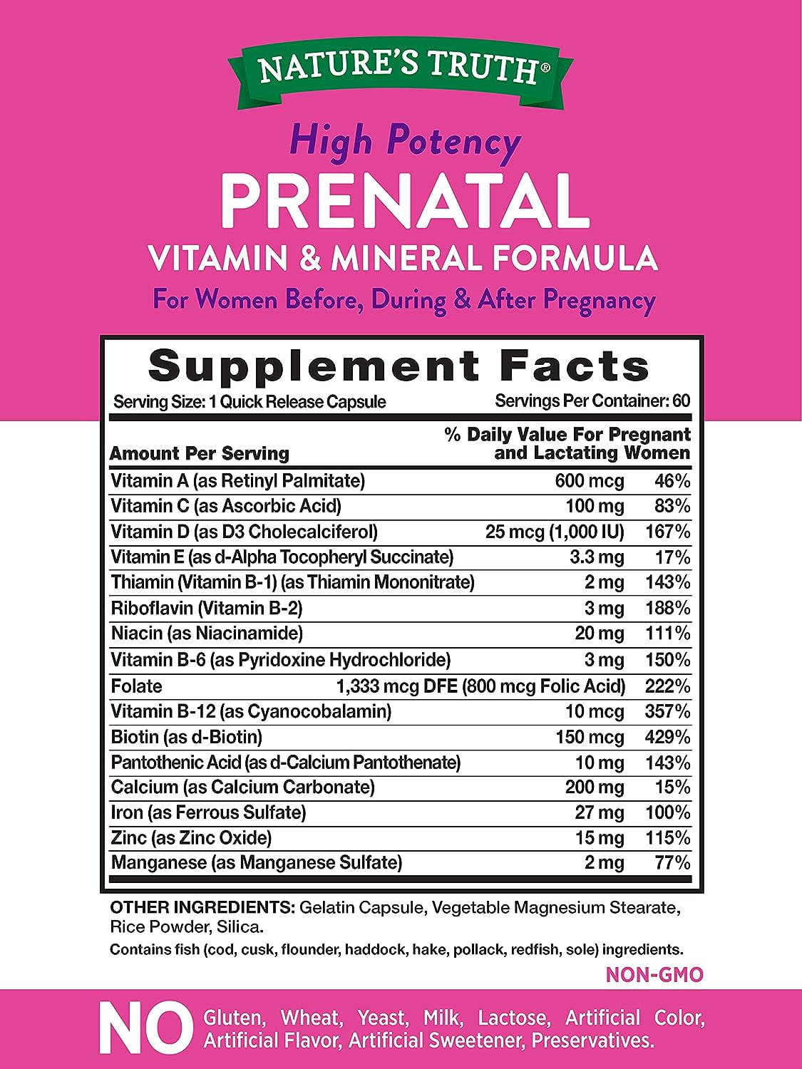 Prenatal Vitamins With Folic Acid   60 Capsules   Non GMO & Gluten Free   by Nature s Truth