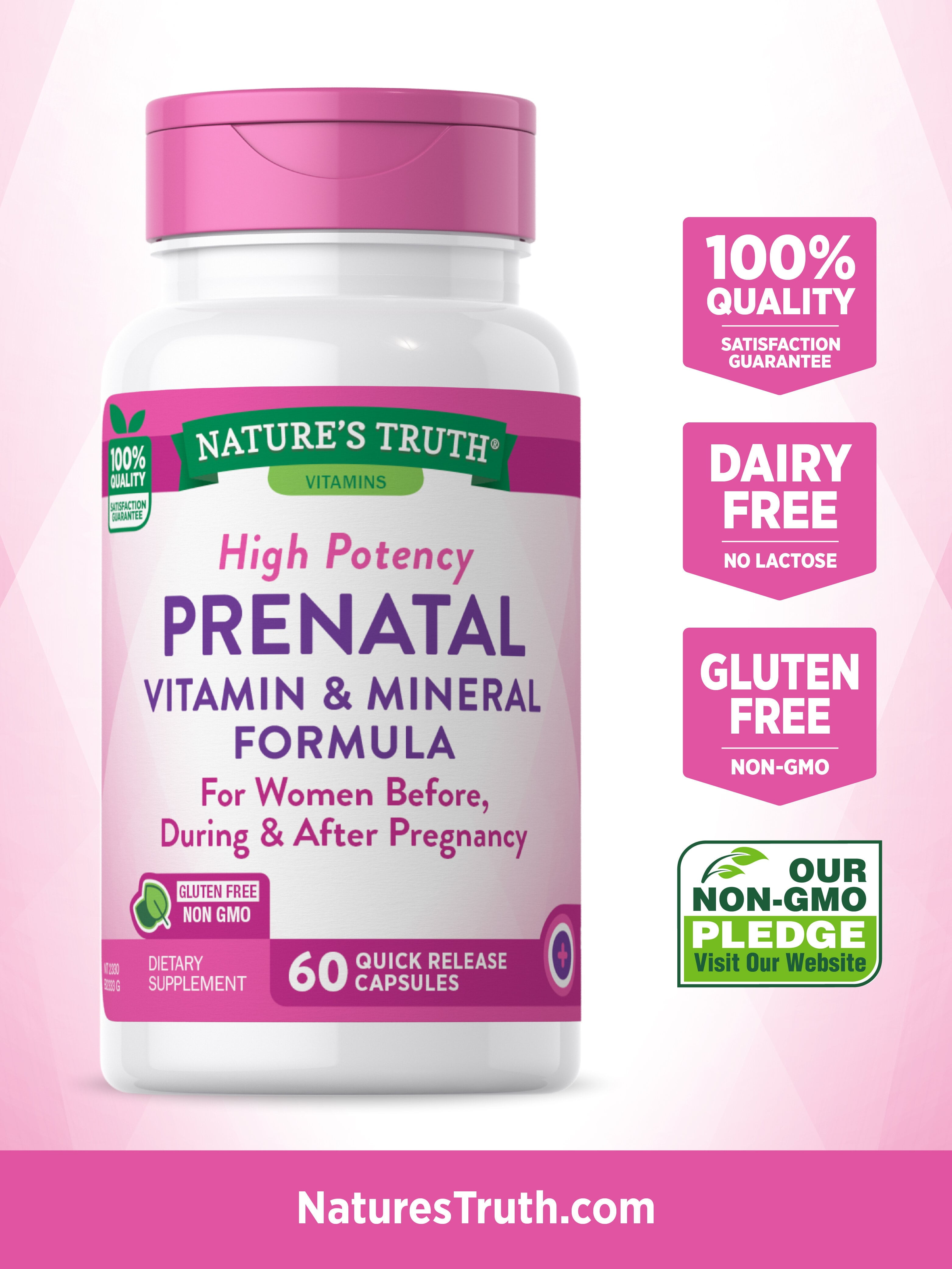 Prenatal Vitamins With Folic Acid   60 Capsules   Non GMO & Gluten Free   by Nature s Truth