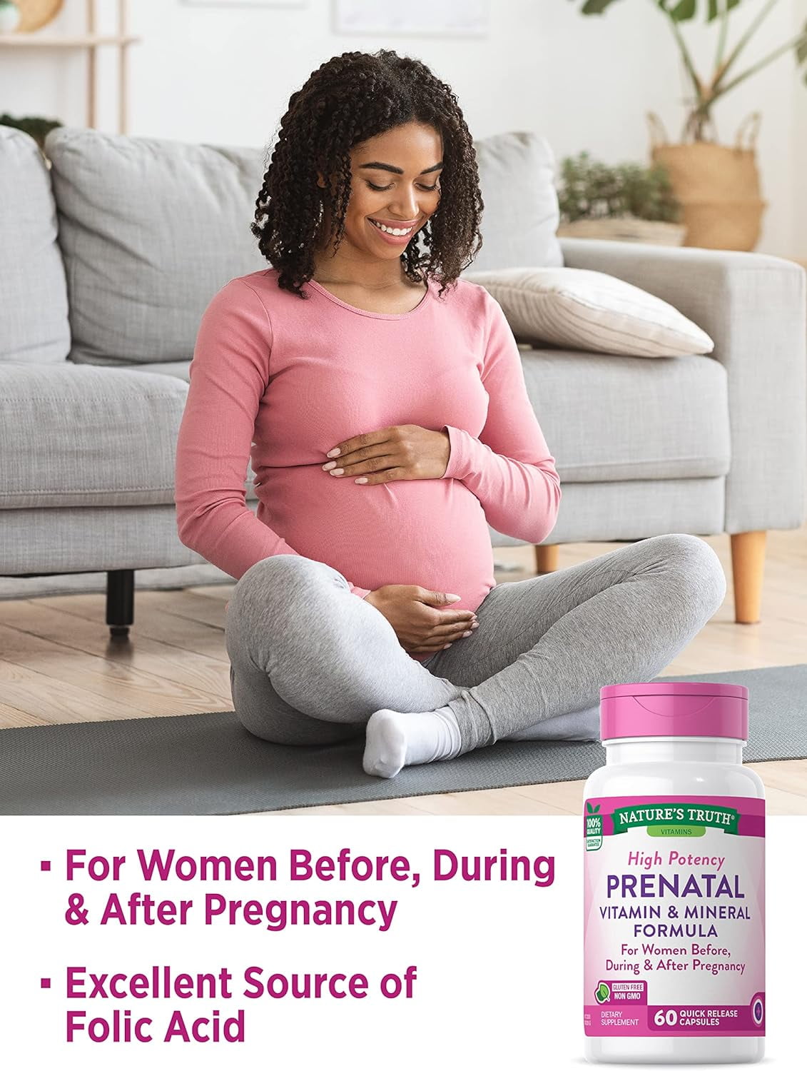 Prenatal Vitamins With Folic Acid   60 Capsules   Non GMO & Gluten Free   by Nature s Truth