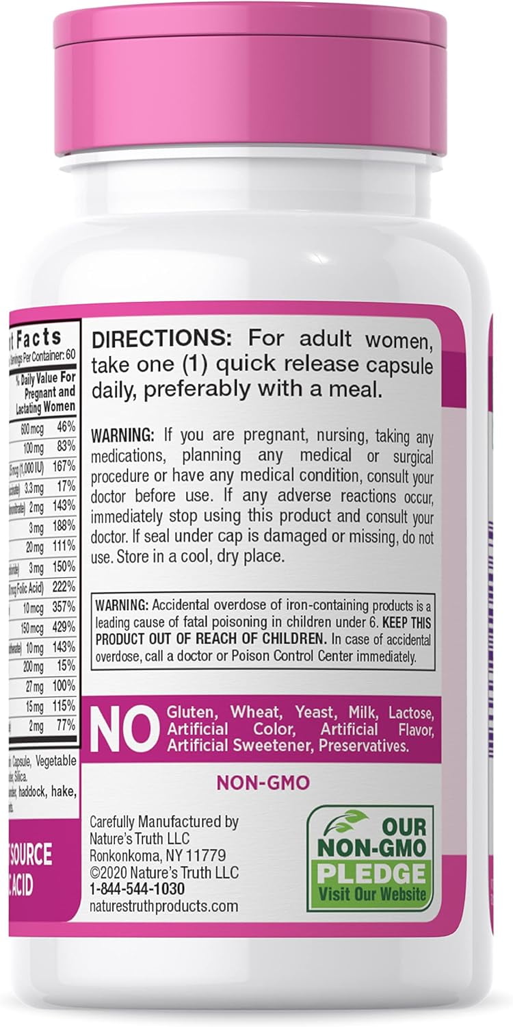 Prenatal Vitamins With Folic Acid   60 Capsules   Non GMO & Gluten Free   by Nature s Truth