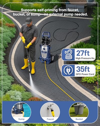 Pressure Washer 1800W Electric Pressure Washer with 5Quick Connect Nozzles Built in Foam Cannon 35ft GFCI Power Cord 27ft Hose Electric Power Washer for Car Patio Fence Driveway