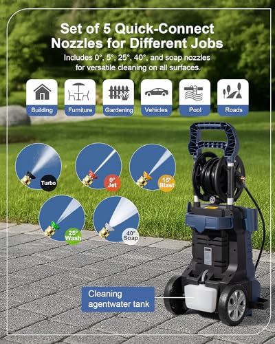 Pressure Washer 1800W Electric Pressure Washer with 5Quick Connect Nozzles Built in Foam Cannon 35ft GFCI Power Cord 27ft Hose Electric Power Washer for Car Patio Fence Driveway